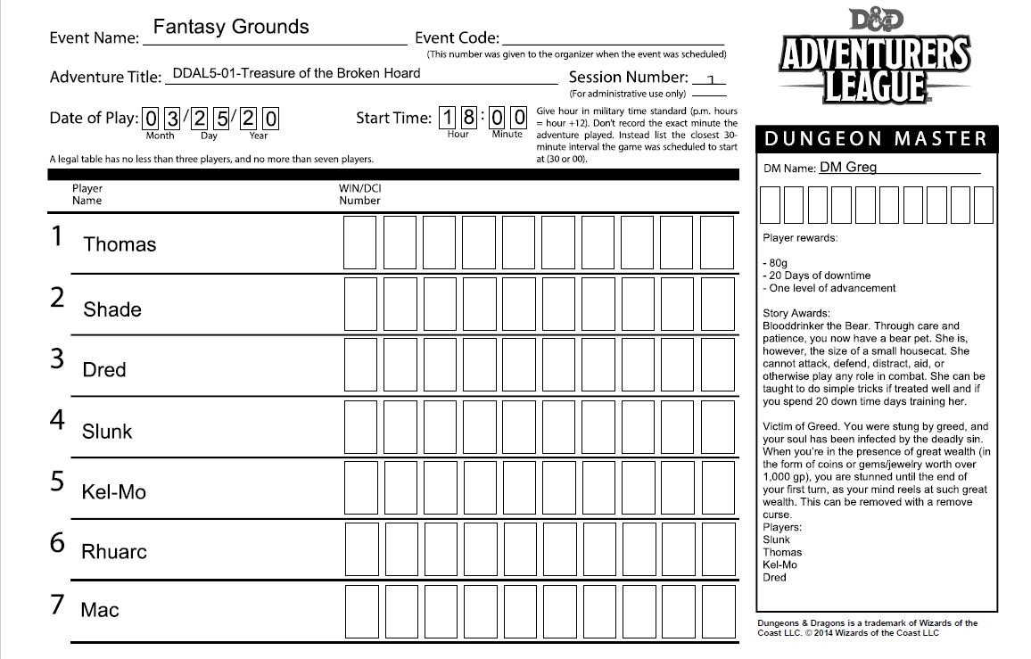 DDAL05-01 Treasure of the Broken Hoard 3/25/2020